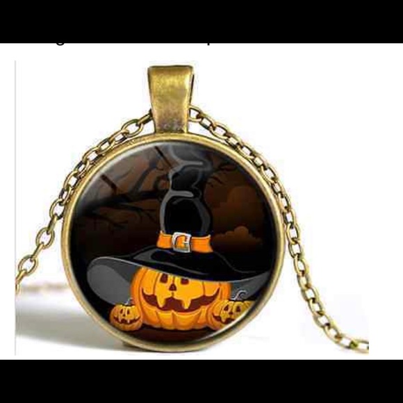 New Halloween Pumpkin Glass Cabochon Antique Bronze Necklace - Picture 1 of 2